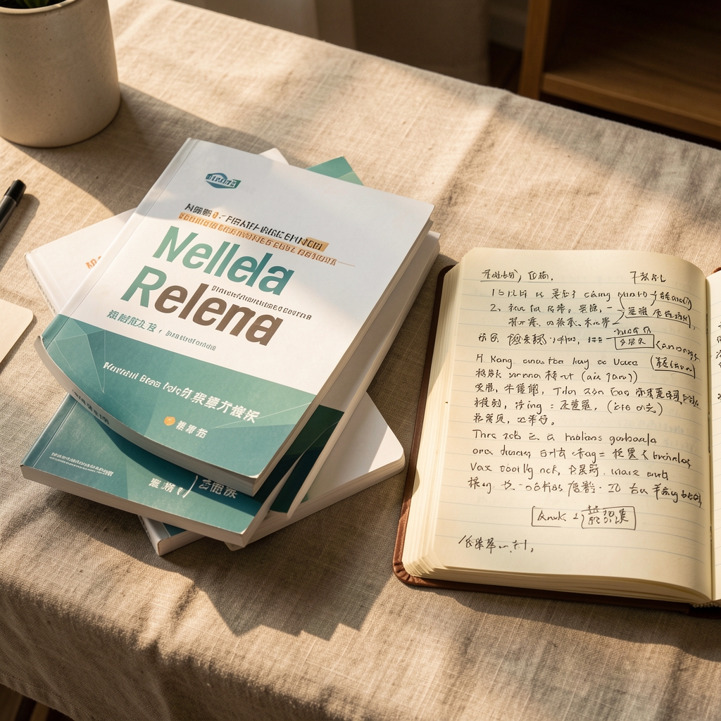 Stack of wellness research publications and hand-annotated notebooks on a linen desk surface, editorial flat-lay photography, warm Jakarta afternoon light