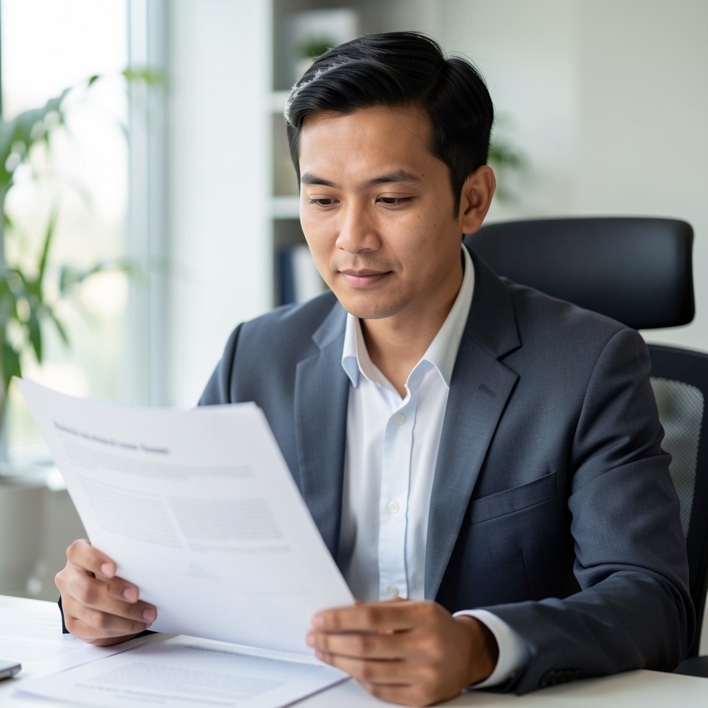 Indonesian male editorial researcher in his early forties, seated in a light-filled South Jakarta office, reviewing printed research documents, calm expression, editorial portrait