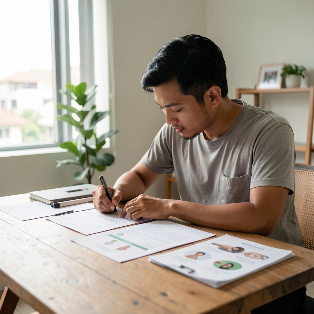 Indonesian man in his late twenties photographing wellness documentation materials on a wooden table in a Jakarta studio, natural light, professional photographer at work
