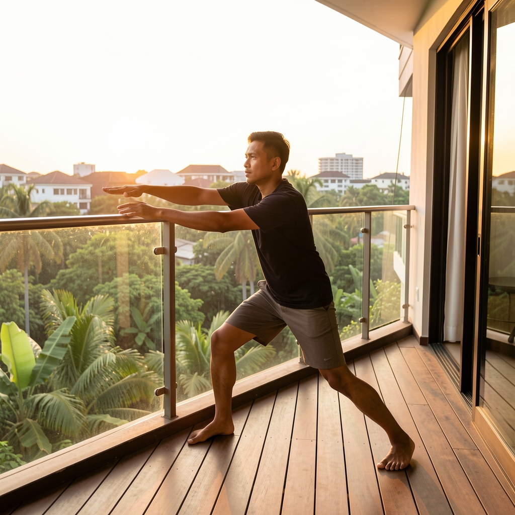 Indonesian man in his mid-thirties doing morning stretches on a timber-floored apartment balcony overlooking lush Jakarta greenery, warm sunrise light, minimal aesthetic