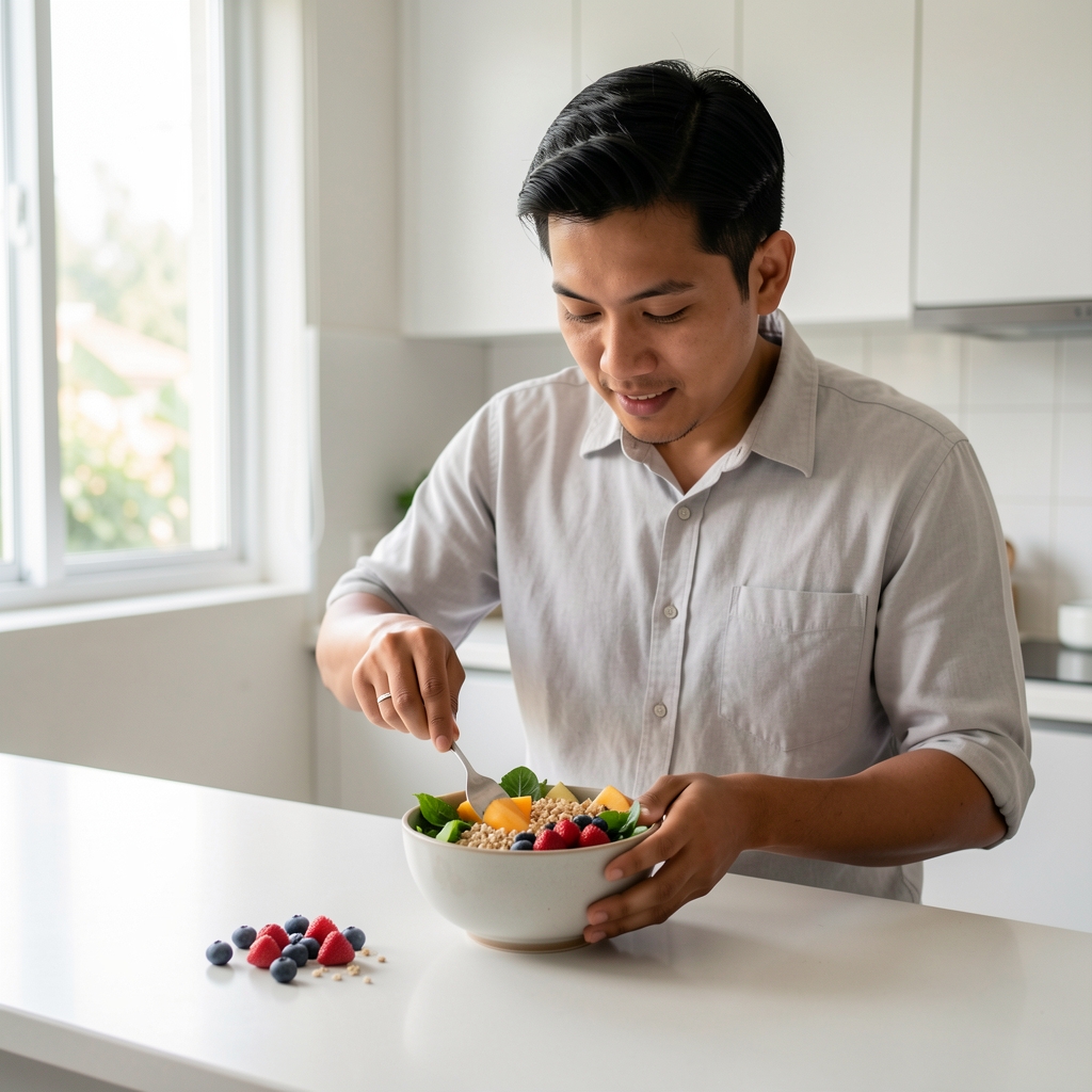 Indonesian man preparing a balanced breakfast bowl with fruits, grains and greens on a minimal kitchen counter, bright morning window light, editorial composition