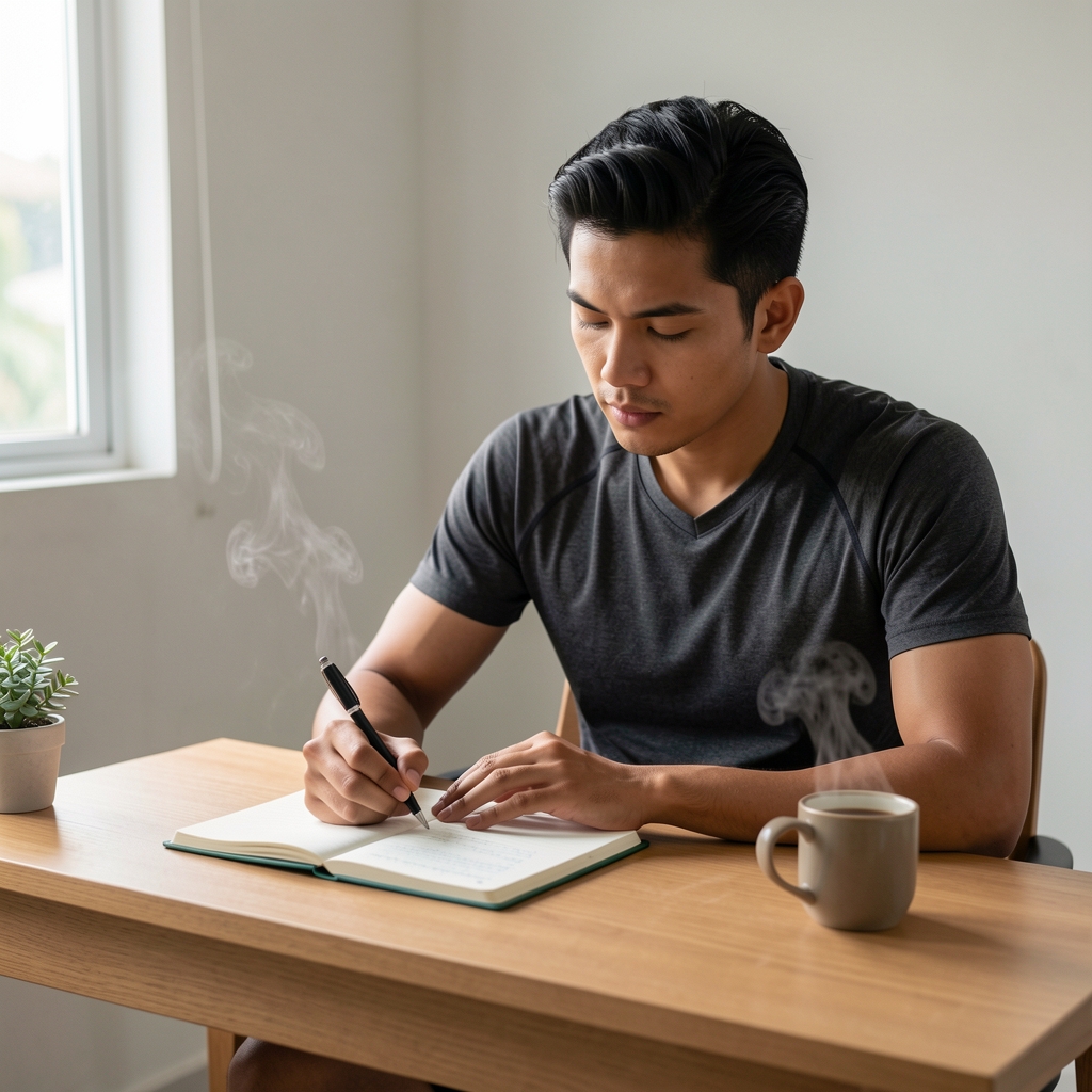 Man in athletic wear journaling his morning routine in a minimal study room, pen on notebook, steaming coffee beside it, soft Jakarta daylight
