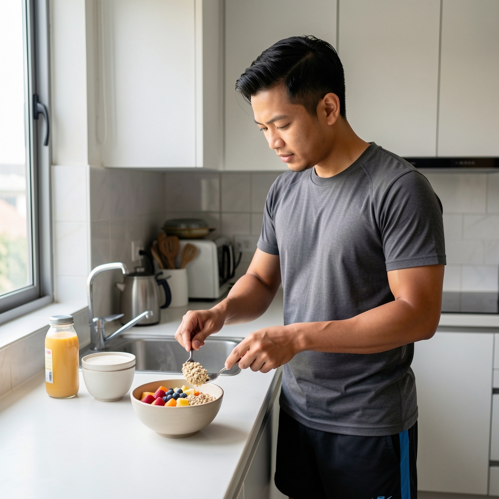 Indonesian man in athletic shorts preparing a fresh fruit and grain breakfast bowl in a minimal Jakarta apartment kitchen, natural morning window light, editorial food photography