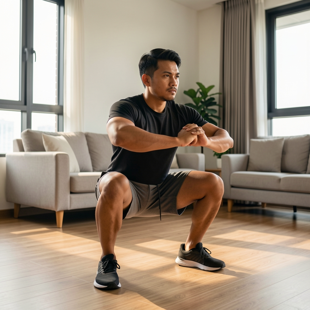 Indonesian man in his thirties performing a bodyweight squat in a Jakarta apartment living room with clear furniture-free space, morning light, focused expression, editorial fitness photography