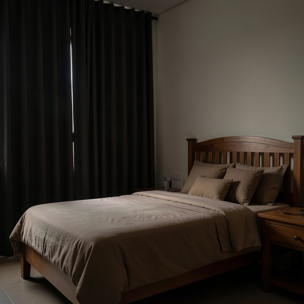 Dimly lit Indonesian bedroom with wooden furnishings, a glass of water on a bedside table, blackout curtains drawn, serene minimal atmosphere, editorial wellness photography