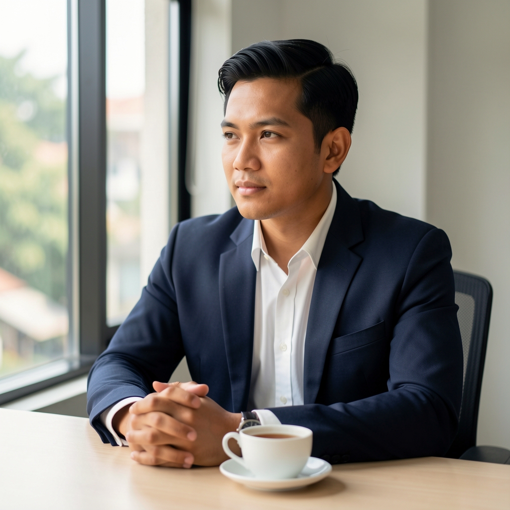 Indonesian professional man sitting at a clean desk with a cup of tea, hands folded, looking out a window, quiet mid-morning light, editorial mindfulness portrait