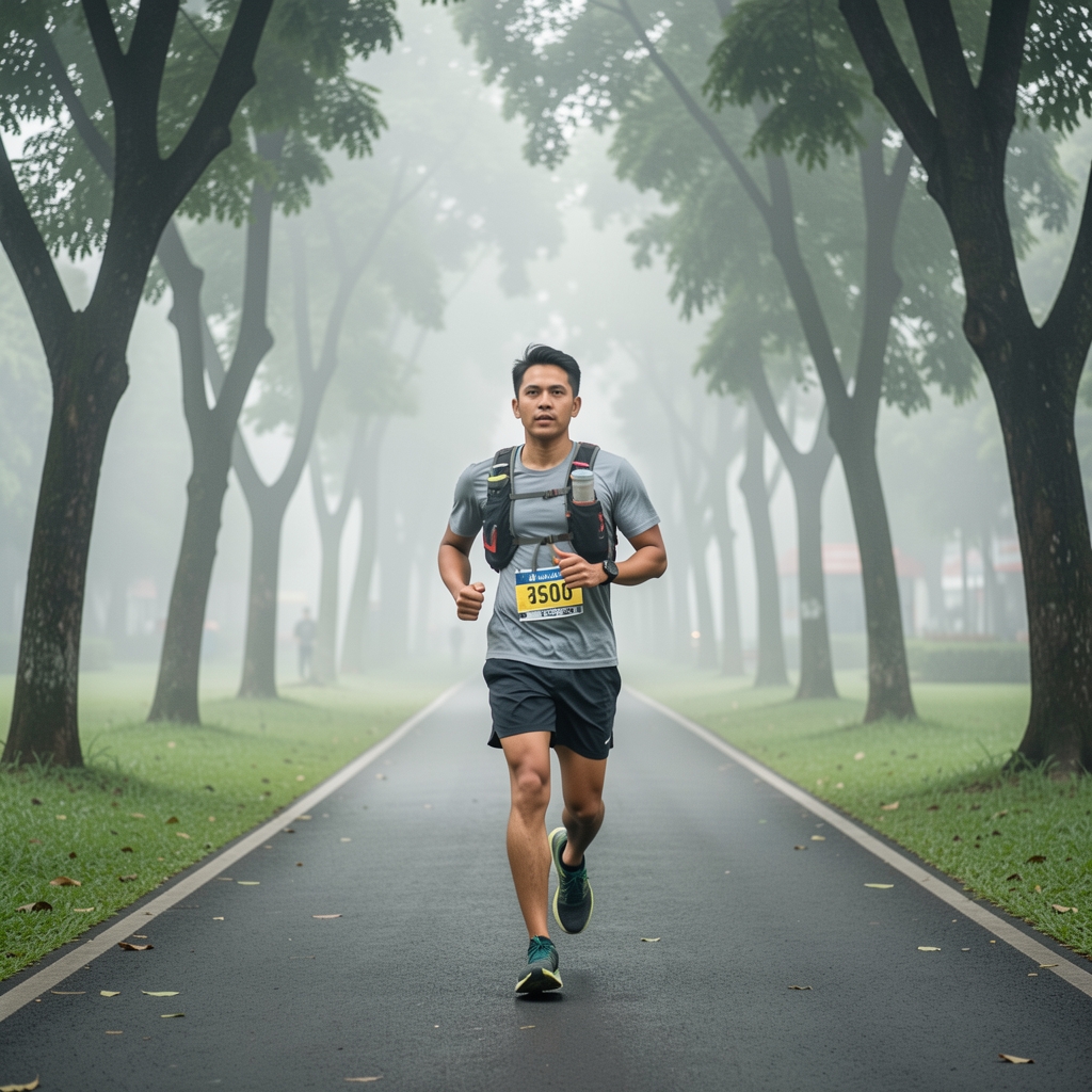 Indonesian man in trail running gear jogging through a green Jakarta city park in early morning mist, tree-lined path, motion editorial photography
