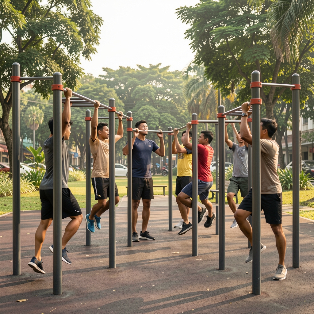Group of Indonesian men in their thirties at a outdoor calisthenics park in Jakarta, bodyweight pull-up bars, weekend morning light, active lifestyle documentary photography